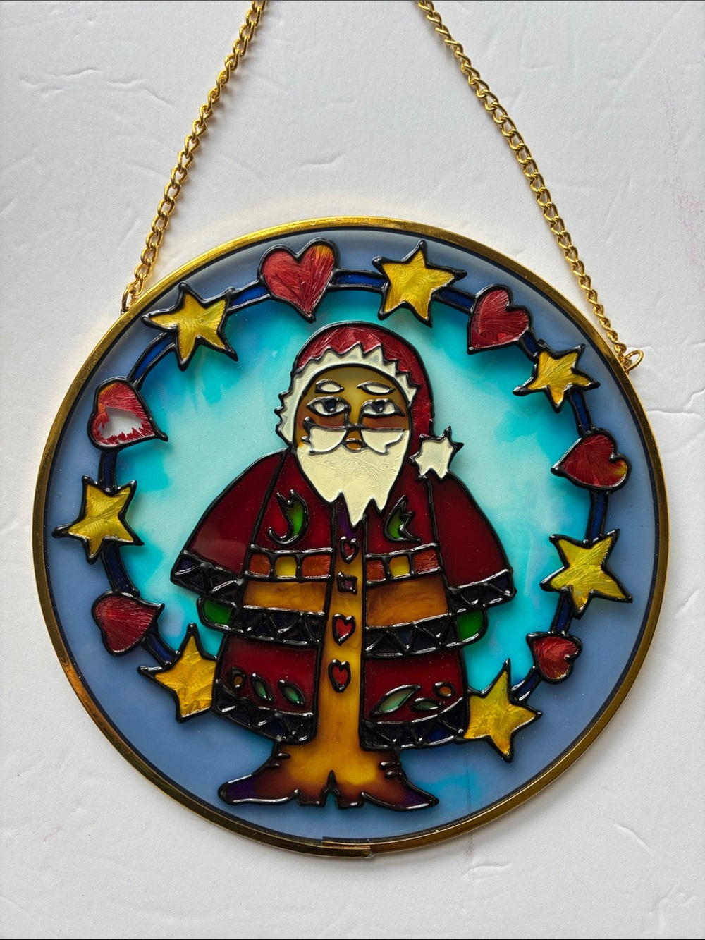 Vintage Stained Glass Santa Suncatcher - Red, Gold & Blue